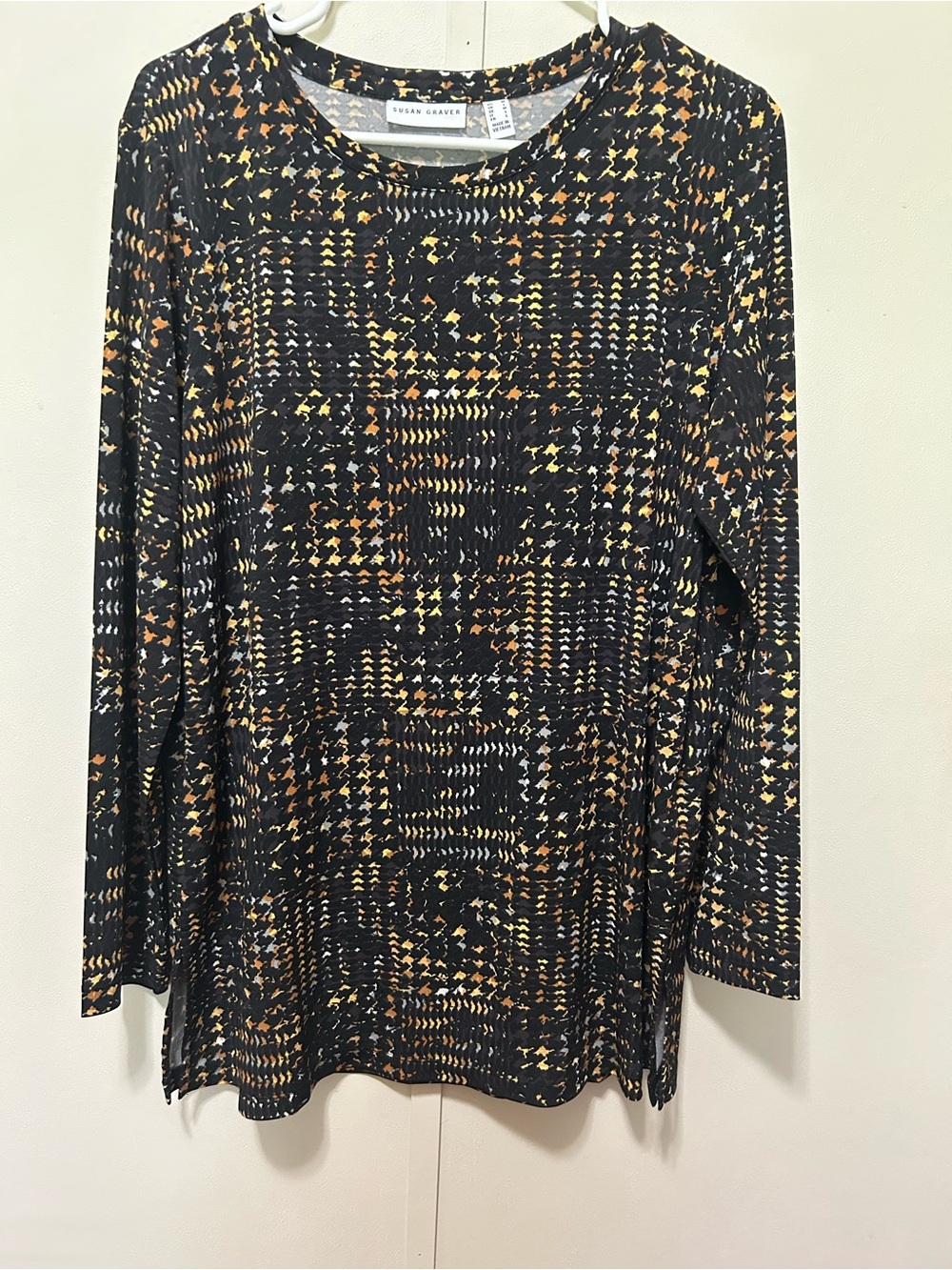 Susan Graver Black Patterned Long-Sleeve Liquid Knit Top